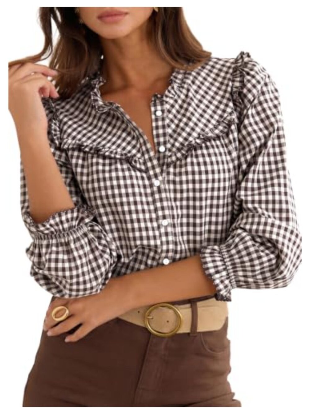 Astylish Women Ruffle Collar Gingham Button Down Shirt Puff Sleeve Fall Blouse